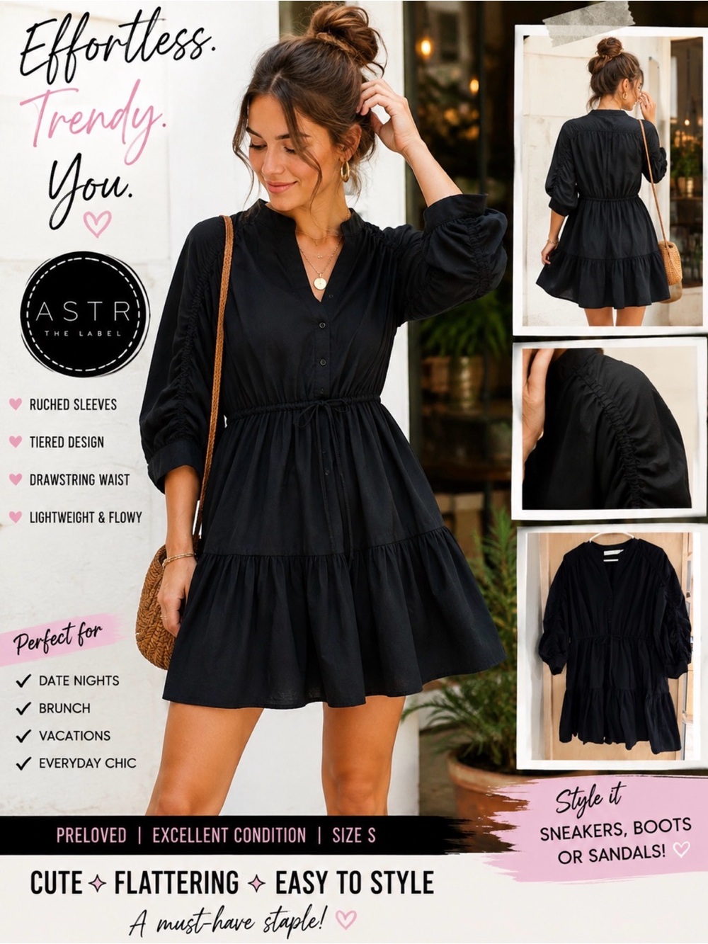 ASTR The Label Black Cotton Mini Dress Small Ruched Sleeve Tiered Shirt Dress